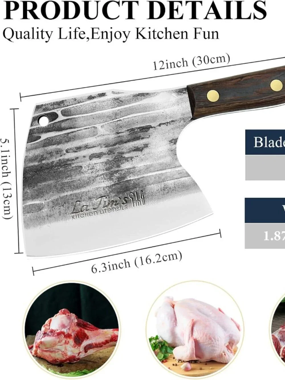 La Tim's Heavy Duty Hand Forged Meat Cleaver Carbon Steel Butcher Knife 8